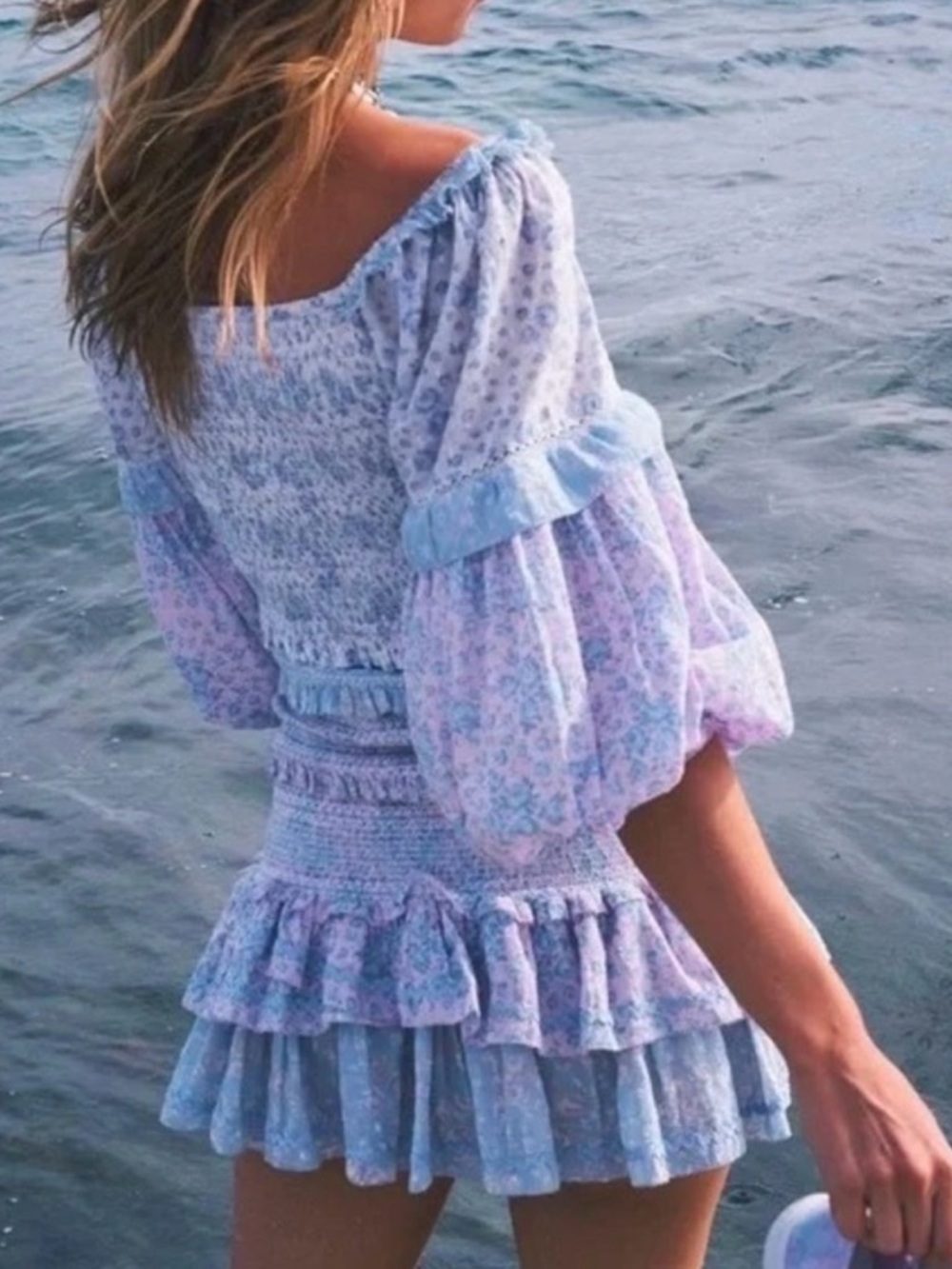 LoveShackFancy Light Blue & Lavender Floral Smocked Midi Dress - Picture 2 of 3